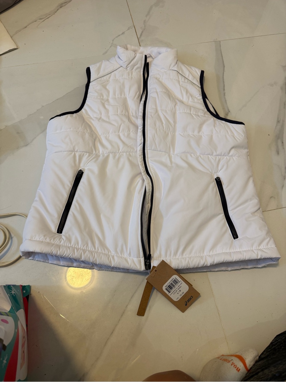 ASICS Women's White Quilted Puffer Vest with Black Trim